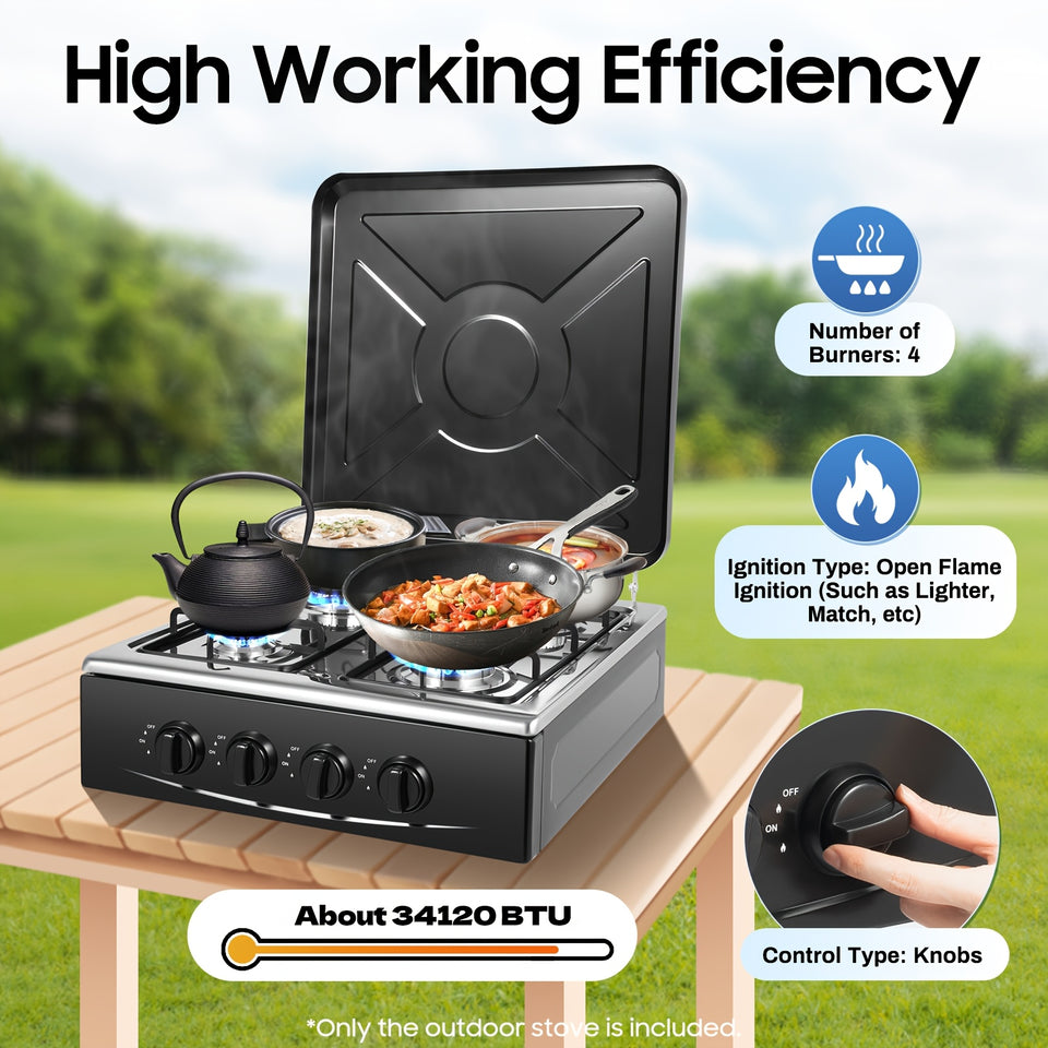 Compact 4-Burner Natural Gas Stove with Protective Cover – Restaurant-Quality Cooking for Home, Camping, and Outdoor Adventures – Non-Slip Feet, Heat Dissipation Holes, Easy Assembly, GDRASUYA10