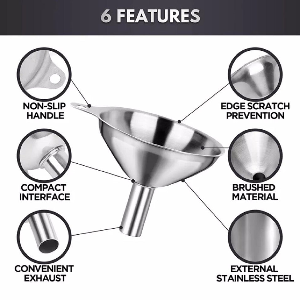 3 Stainless Steel Kitchen Funnel Set with 2 Brushes – Food Grade No-Spill Design