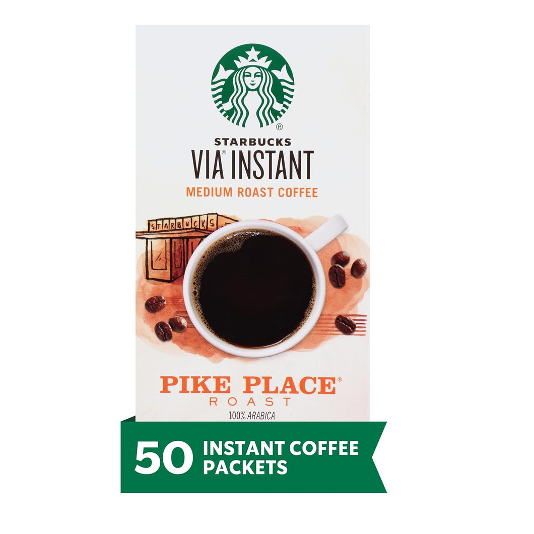 via Instant Coffee, Medium Roast Coffee, Pike Place Roast, 100% Arabica, Single-Serve, 1 Box (50 Packets)