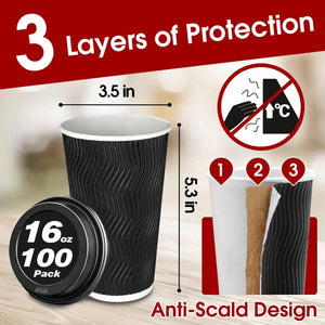 16 Oz Paper Cups with Lids,Disposable Insulated to Go Cup,Ripple Double Wall,Black 100 Count