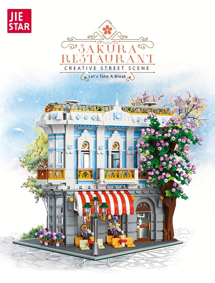 JIE-STAR 3725pcs Sakura Restaurant Street Scene Building Blocks Set - Creative Home Decor, Romantic Architectural Model Kit for Display
