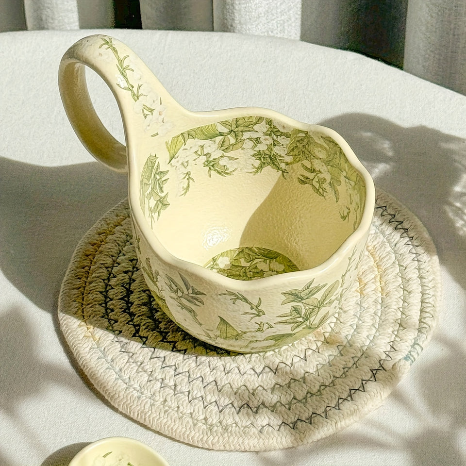 Elegant Green Lily Of The Valley Ceramic Mug - Hand-Wash Only, Reusable Coffee & Milk Cup For Home And Restaurant Use