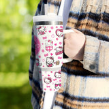 1pc 40oz Cute Hello Kitty with Handle Large Coffee Water Bottle Printed with Katie Cat Pattern Stainless Steel Insulation and Cold Preservation Water Cup Suitable for Gifts to Family and Friends with Straw, The Straw Is Insid