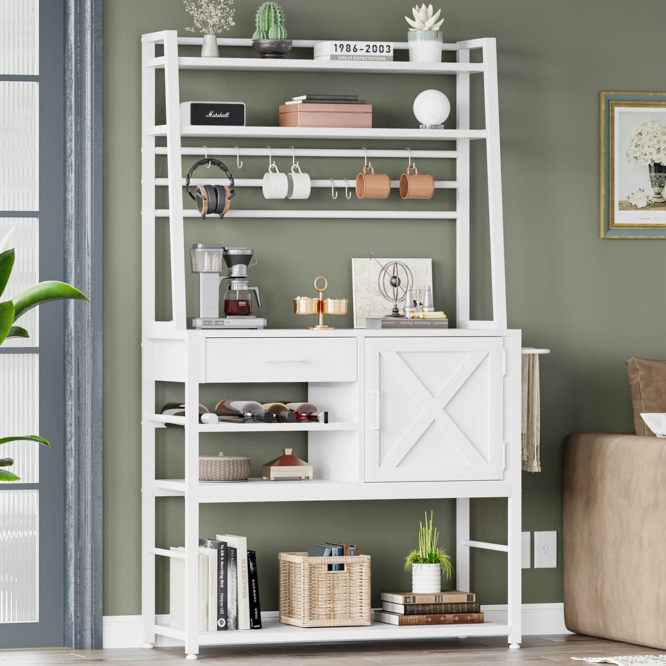 Bread Rack, Coffee Bar Cabinet With Wine Rack, Storage Drawers And 8 Hooks, Kitchen Bread Rack With Storage, White