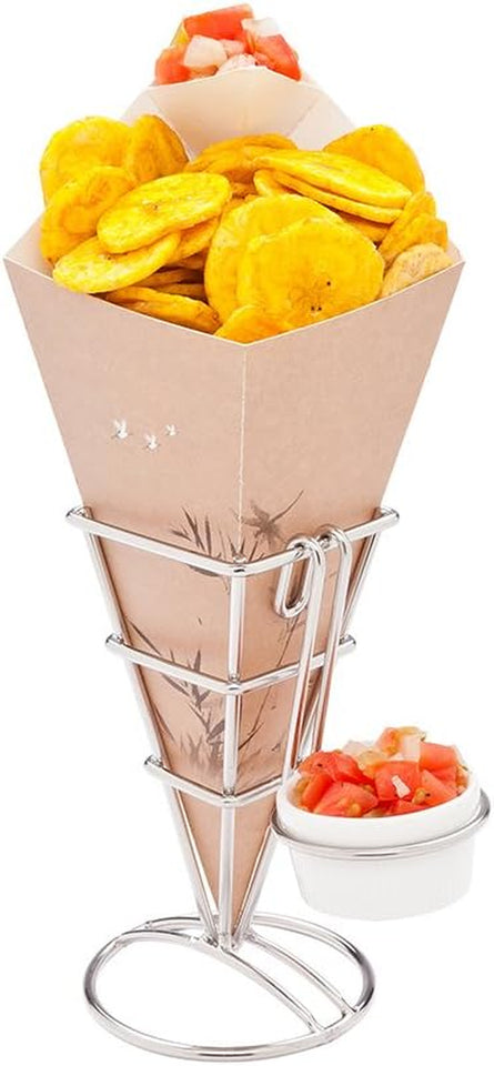 Cone Tek 15 Inch French Fry Cones 100 Recyclable Food Cones - Built-In Sauce Cup Grease-Resistant Lining White Paper Snack Cones for Appetizers and Charcuterie