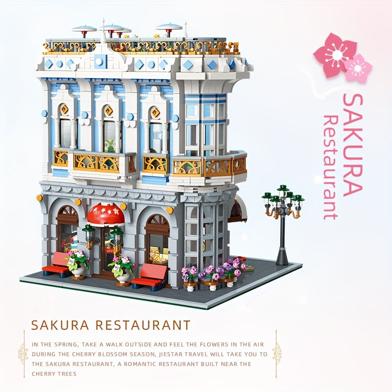 JIE-STAR 3725pcs Sakura Restaurant Street Scene Building Blocks Set - Creative Home Decor, Romantic Architectural Model Kit for Display