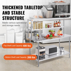 VEVOR Double Overshelf, Double Tier Stainless Steel Overshelf, 12 X 60 Inch Double Deck Overshelf, Height Adjustable Overshelf Prep Work Table For Kitchen, Restaurant And Workshop