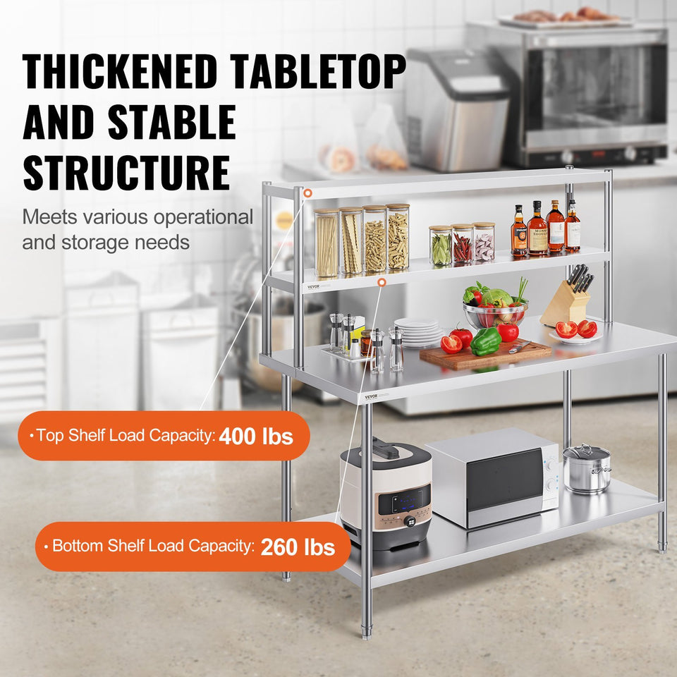 VEVOR Double Overshelf, Double Tier Stainless Steel Overshelf, 12 X 60 Inch Double Deck Overshelf, Height Adjustable Overshelf Prep Work Table For Kitchen, Restaurant And Workshop