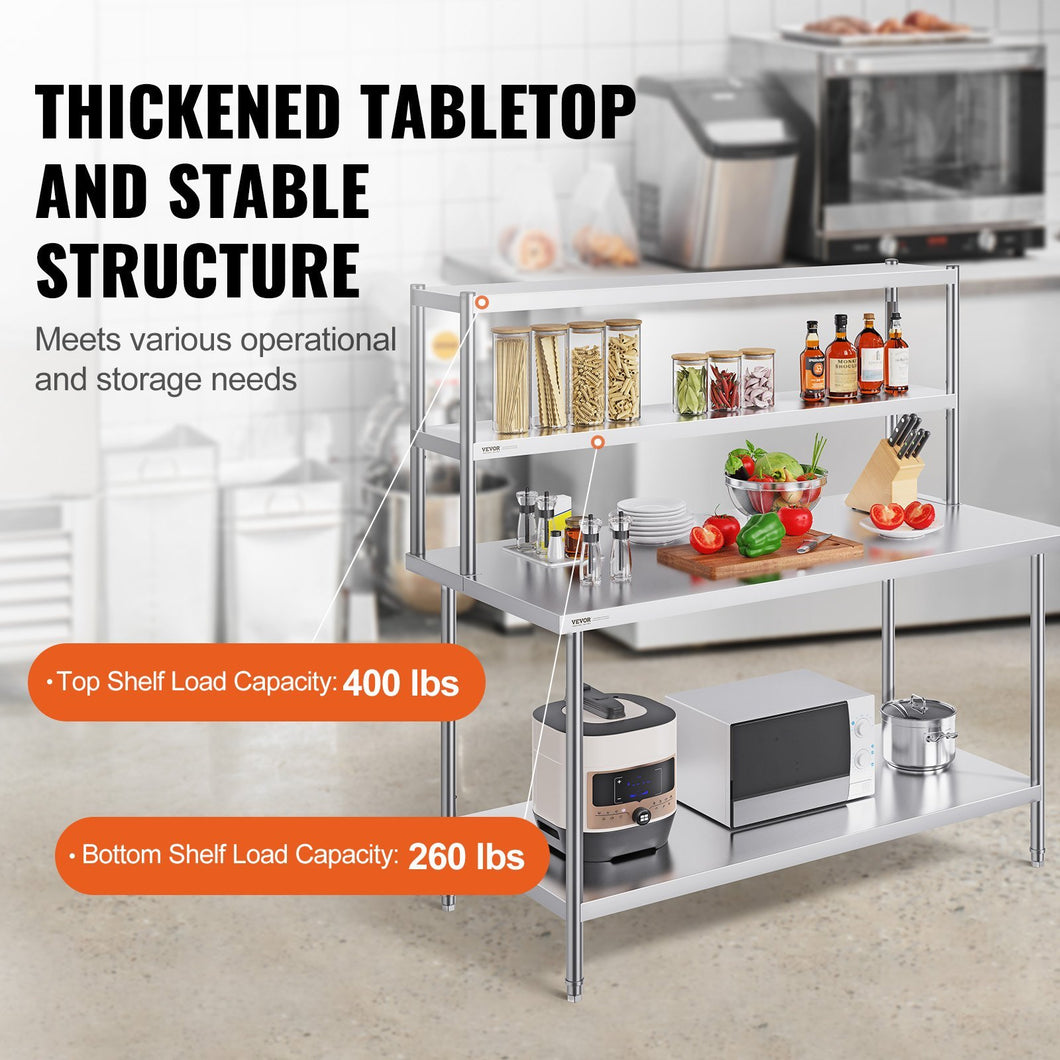 VEVOR Double Overshelf, Double Tier Stainless Steel Overshelf, 12 X 60 Inch Double Deck Overshelf, Height Adjustable Overshelf Prep Work Table For Kitchen, Restaurant And Workshop