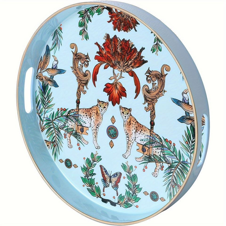 1pc Small Sculpture Decoration, Jungle Leopard Round Decorative Tray, Marbling Plastic Tray With Handles, Modern Vanity Tray And Serving Tray For Ottoman, Coffee Table, Kitchen And Bathroom, 13", Home Decor