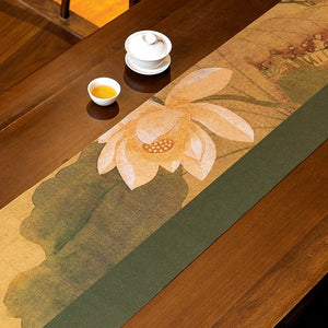Elegant White Lotus Silk Tablecloth - Chinese Tea Ceremony Style, 13x72 Inches, High-end Table Decoration With Green Edges And Floral Patterns, Suitable For Home Or Restaurant, Coffee Table Decoration