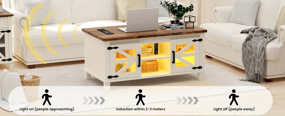 Lift Top Coffee Table with RGB Lights, Farmhouse Coffee Table with Charging Station, Dining Table with Large Hidden Storage Shelf for Living Room, 22" (55.8cm) D x 40.1"(101.85cm) W x 19" (48.26cm) H