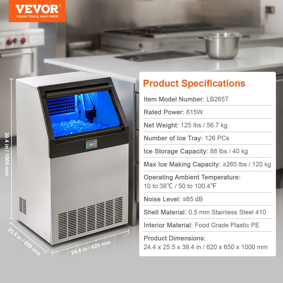 VEVOR Commercial Ice Maker, 265lbs 24H, Ice Maker Machine, 126 Ice Cubes In 12-15 Minutes, Freestanding Cabinet Ice Maker With 88lbs Storage Capacity LED Digital Display, For Home Office Restaurant
