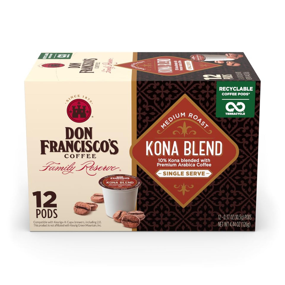 Kona Blend Coffee - 100 K-Cup Compatible Single-Serve Pods - 10% Hawaiian - Recyclable through Terracycle - Compatible with Keurig Brewers