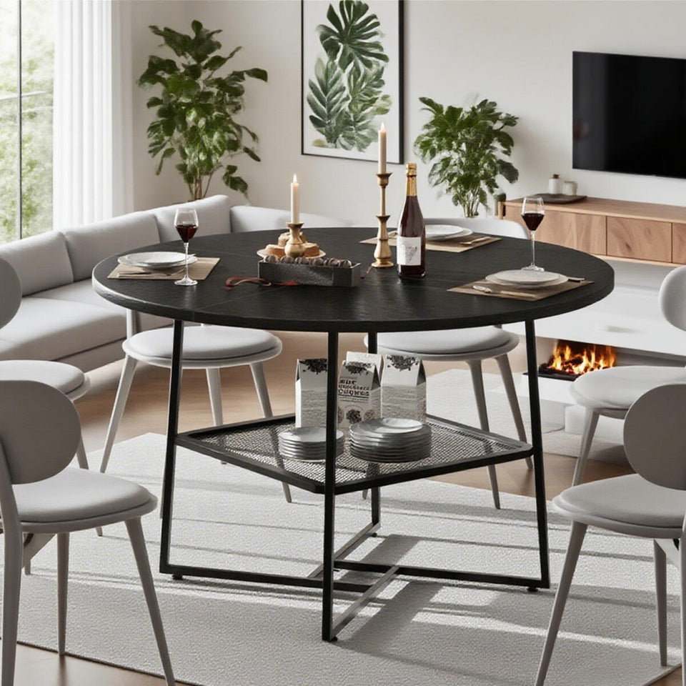 51  Round Dining Table For 4-6  Tiger Stripes-Black Wooden Dining Room Table With Storage Shelf Space Saving Circle Dinner Table With Metal Legs For Kitchen Living Room Dining Restaurant Furniture