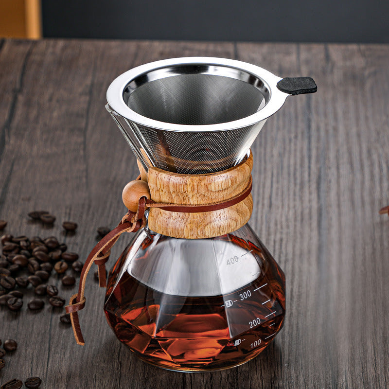 Hand-made Coffee Pot Diamond-shaped Glass Drip Pot Filter Cup With Wood Chip Scale