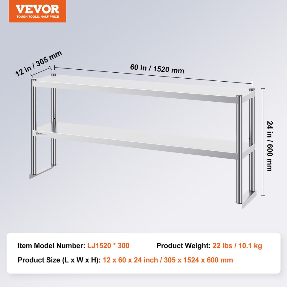 VEVOR Double Overshelf, Double Tier Stainless Steel Overshelf, 12 X 60 Inch Double Deck Overshelf, Height Adjustable Overshelf Prep Work Table For Kitchen, Restaurant And Workshop