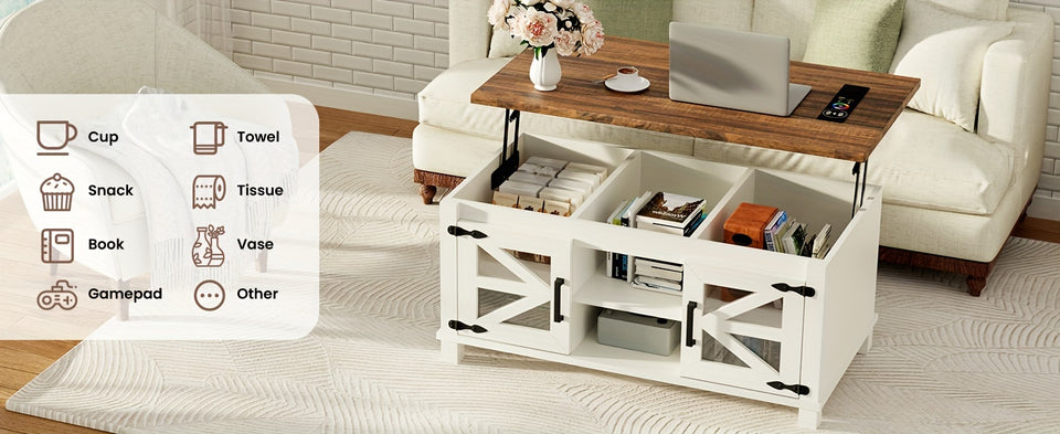 Lift Top Coffee Table with RGB Lights, Farmhouse Coffee Table with Charging Station, Dining Table with Large Hidden Storage Shelf for Living Room, 22" (55.8cm) D x 40.1"(101.85cm) W x 19" (48.26cm) H