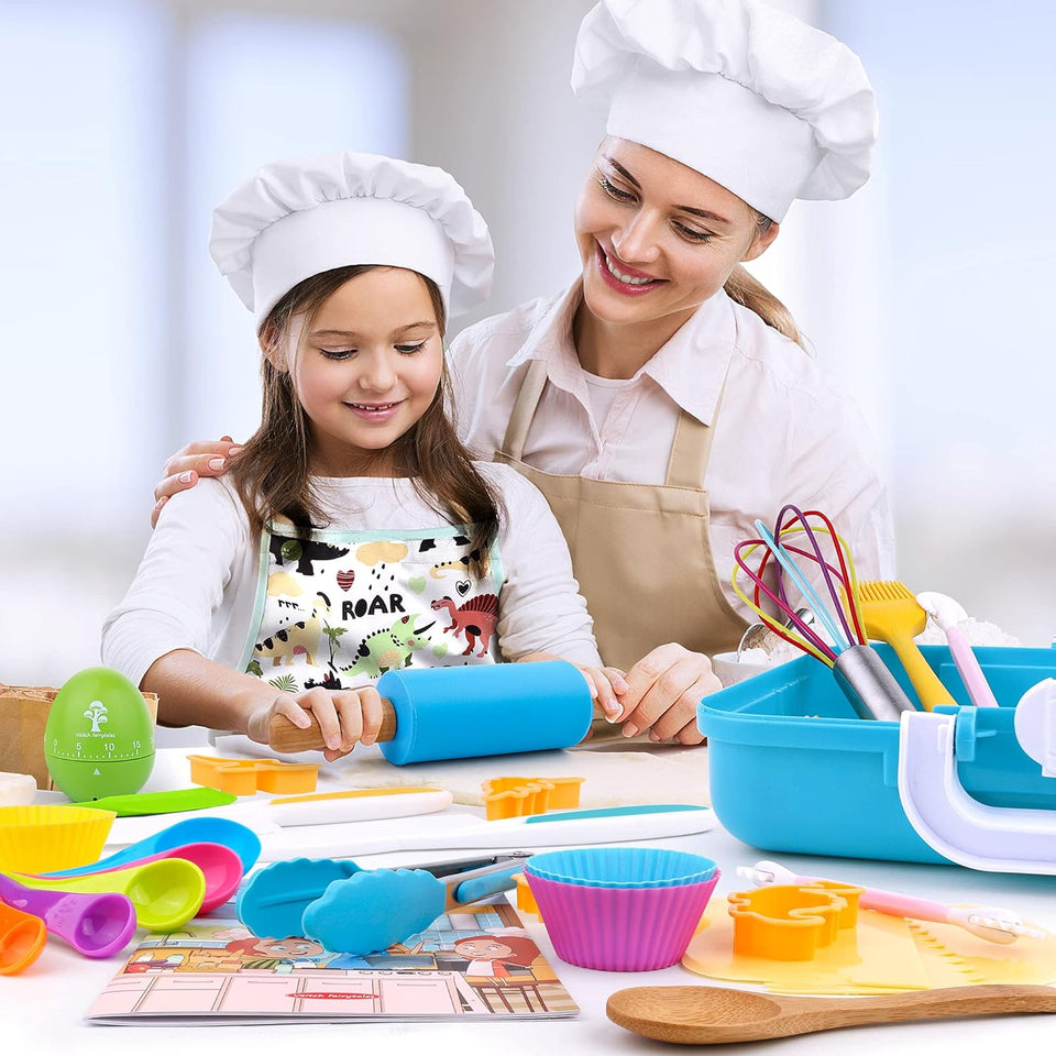 Kids Cooking Baking Set for Girl Boy, Real Baking Supplies Kits, Birthday Gifts for 3+ Year Old Girls, Kids Baking Utensils Includes Rolling Pins Chef Costume Hat and Apron Dinosaur