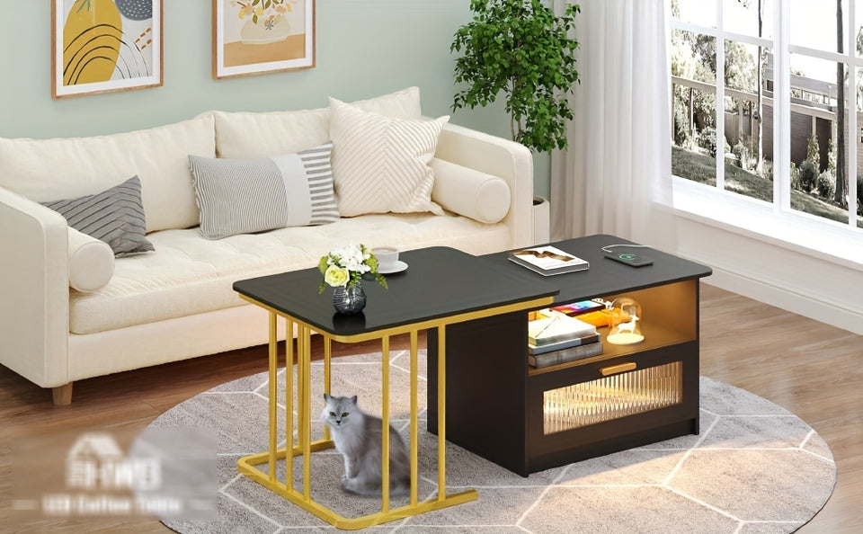 Modern Square LED Coffee Table with Storage - Auto Sensor 3 Colors Lights, Charging Station, Low Profile, White Finish - Perfect for Living Room, Center Table, Coffee Bar Table