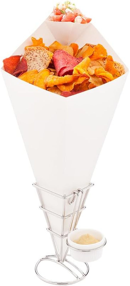 Cone Tek 15 Inch French Fry Cones 100 Recyclable Food Cones - Built-In Sauce Cup Grease-Resistant Lining White Paper Snack Cones for Appetizers and Charcuterie