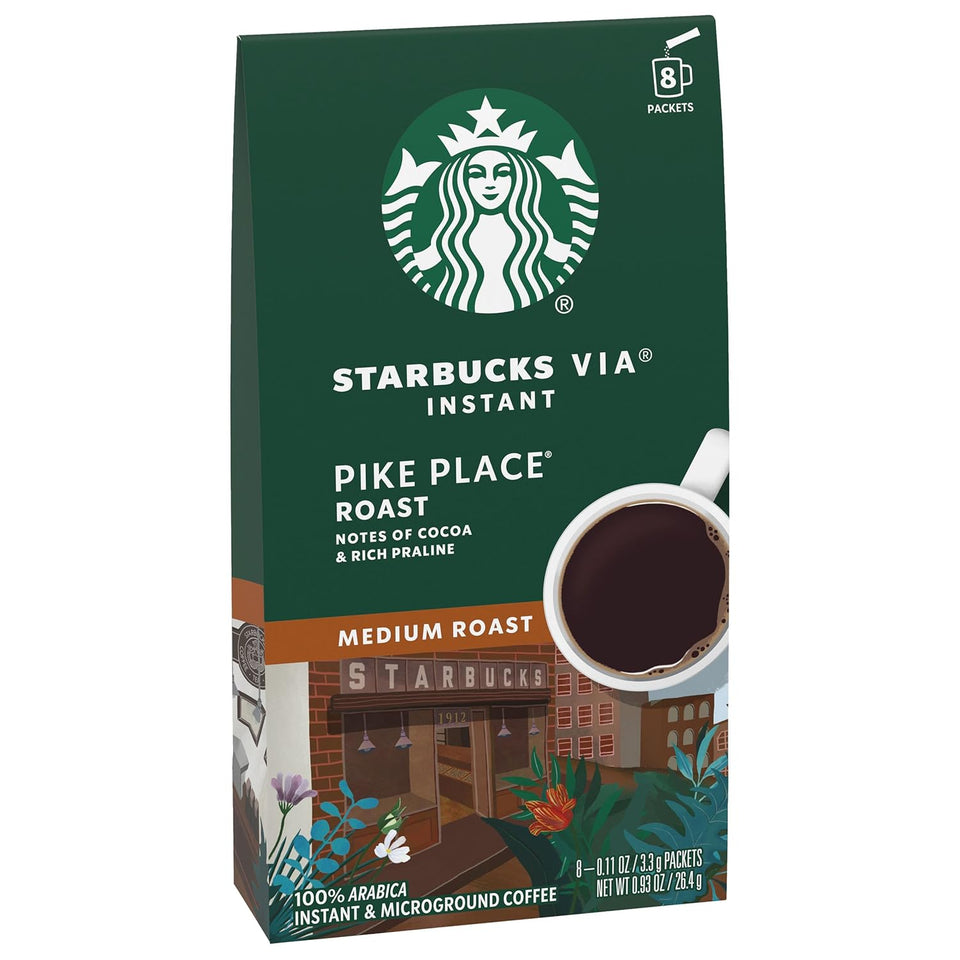 via Instant Coffee, Medium Roast Coffee, Pike Place Roast, 100% Arabica, Single-Serve, 1 Box (50 Packets)