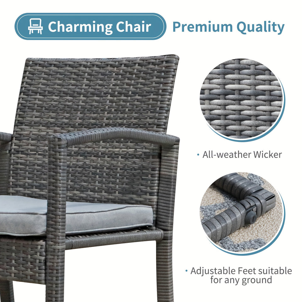 Outdoor 5-Piece Furniture Set, All-weather Rattan Wicker Conversation Set, Grey PE Woven Chairs With Ottoman And Coffee Table, For Patios, Balconies, And Gardens