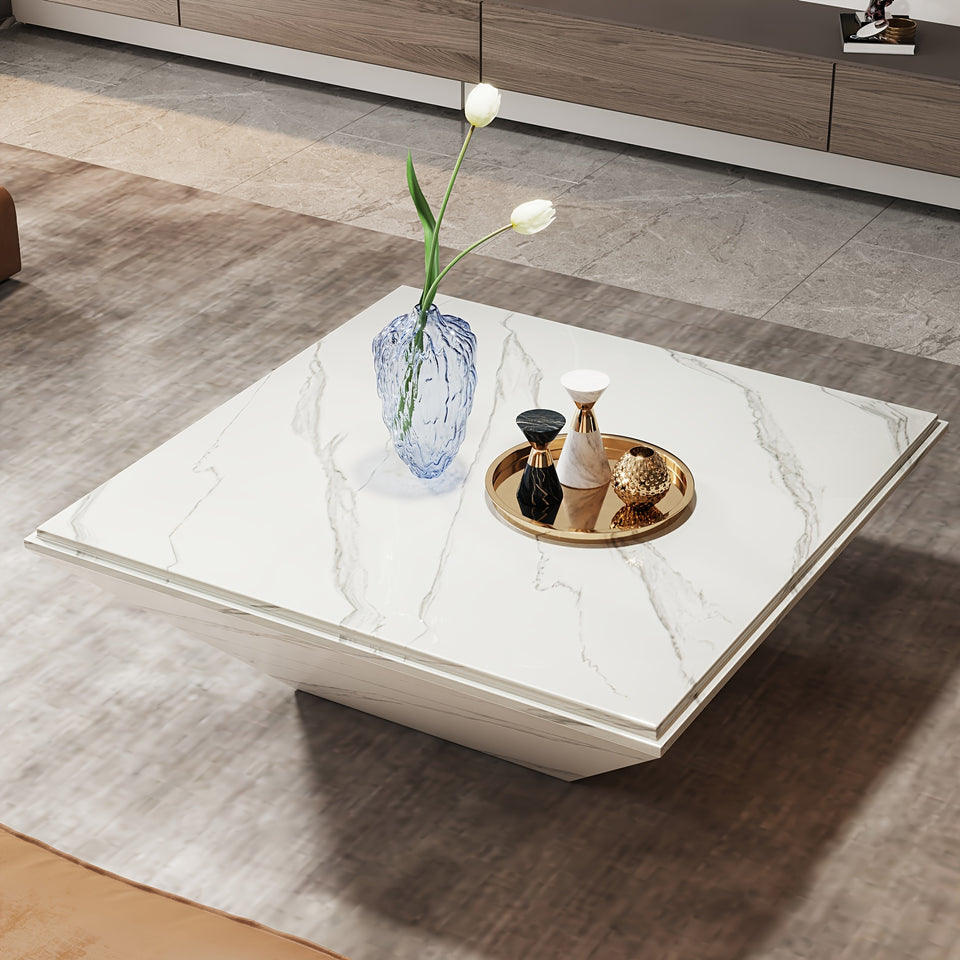 LITTLE TREE coffee table, 35.43 inch square coffee table with artificial marble tabletop, modern central table in living room, large engineered wood cocktail table, white