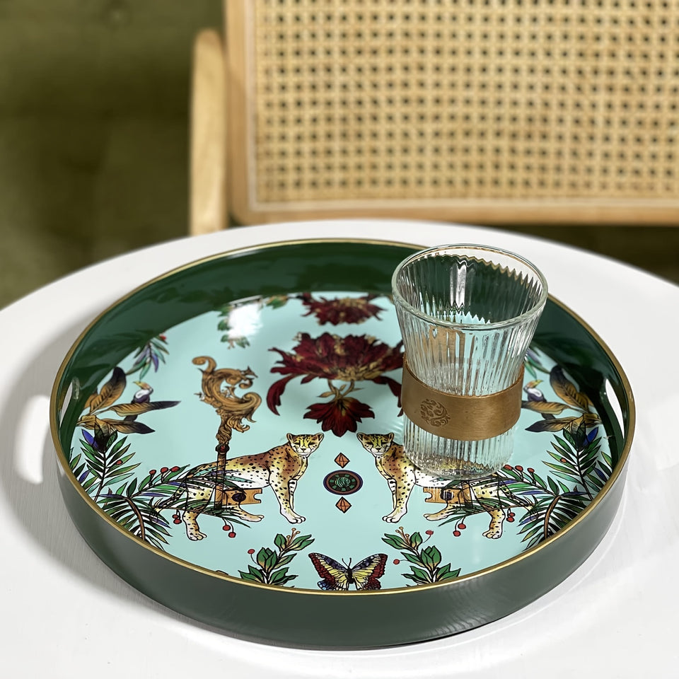 1pc Small Sculpture Decoration, Jungle Leopard Round Decorative Tray, Marbling Plastic Tray With Handles, Modern Vanity Tray And Serving Tray For Ottoman, Coffee Table, Kitchen And Bathroom, 13", Home Decor