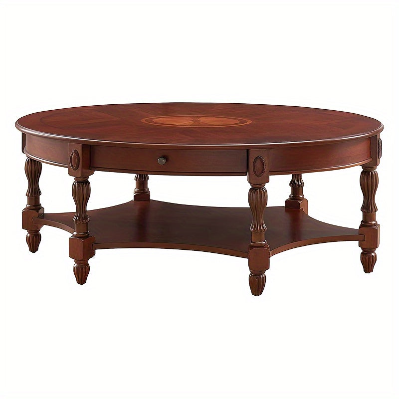1pc Solid Wood Vintage Oval Coffee Table With Storage Shelf For Living Room, Easy Assembly