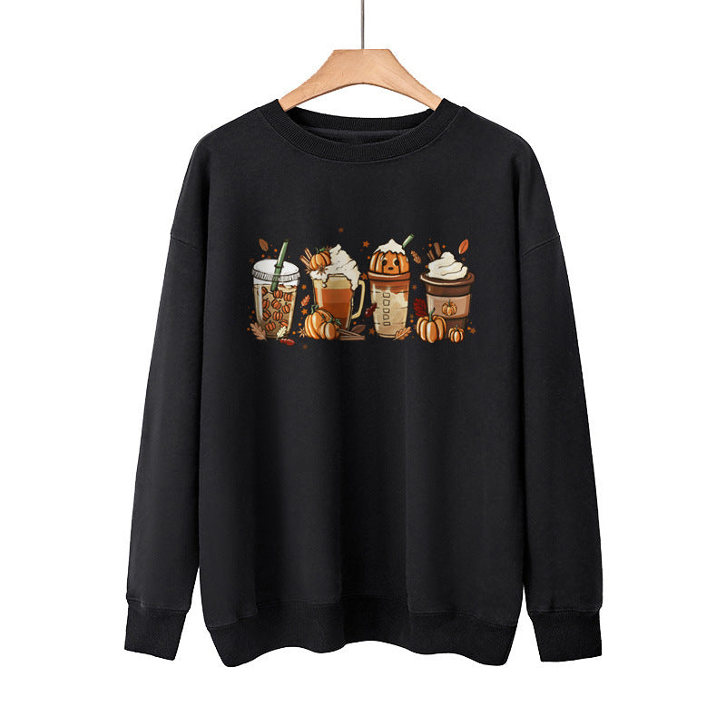 New Coffee Pumpkin Halloween Street Spring Autumn And Winter Round Neck Loose Casual Pullover