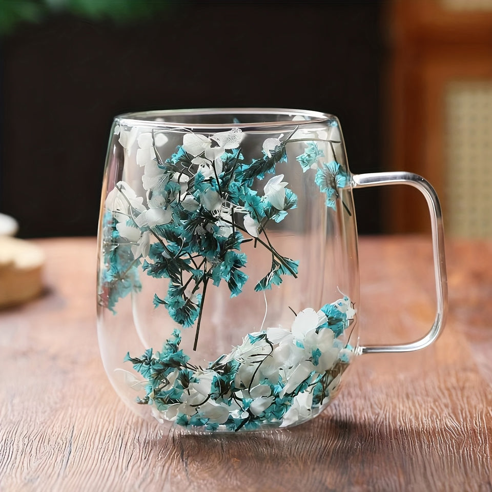 1 Double-Walled Glass Coffee Mug with Real Flower Design - Durable, Aesthetic Cup for Hot & Cold Beverages, Perfect for Home or Office Use