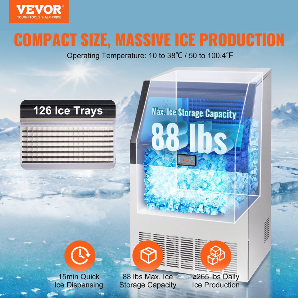 VEVOR Commercial Ice Maker, 265lbs 24H, Ice Maker Machine, 126 Ice Cubes In 12-15 Minutes, Freestanding Cabinet Ice Maker With 88lbs Storage Capacity LED Digital Display, For Home Office Restaurant