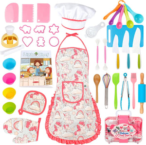 Kids Cooking Baking Set for Girl Boy, Real Baking Supplies Kits, Birthday Gifts for 3+ Year Old Girls, Kids Baking Utensils Includes Rolling Pins Chef Costume Hat and Apron Dinosaur