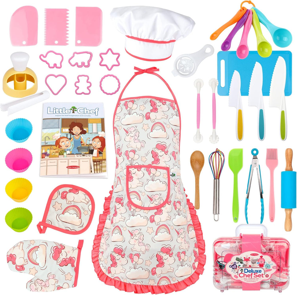 Kids Cooking Baking Set for Girl Boy, Real Baking Supplies Kits, Birthday Gifts for 3+ Year Old Girls, Kids Baking Utensils Includes Rolling Pins Chef Costume Hat and Apron Dinosaur
