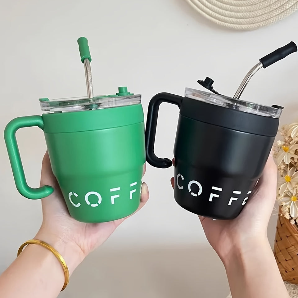 480ml/16 Oz Double-Layer Vacuum Insulated Stainless Steel Coffee Cup With Handle And Straw, Black, White, Light Blue, Pink, Brown, Green