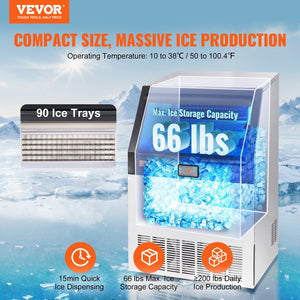 VEVOR Commercial Ice Maker, 200lbs 24H, Ice Maker Machine, 90 Ice Cubes In 12-15 Minutes, Freestanding Cabinet Ice Maker With 66lbs Storage Capacity LED Digital Display, For Bar Home Office Restaurant