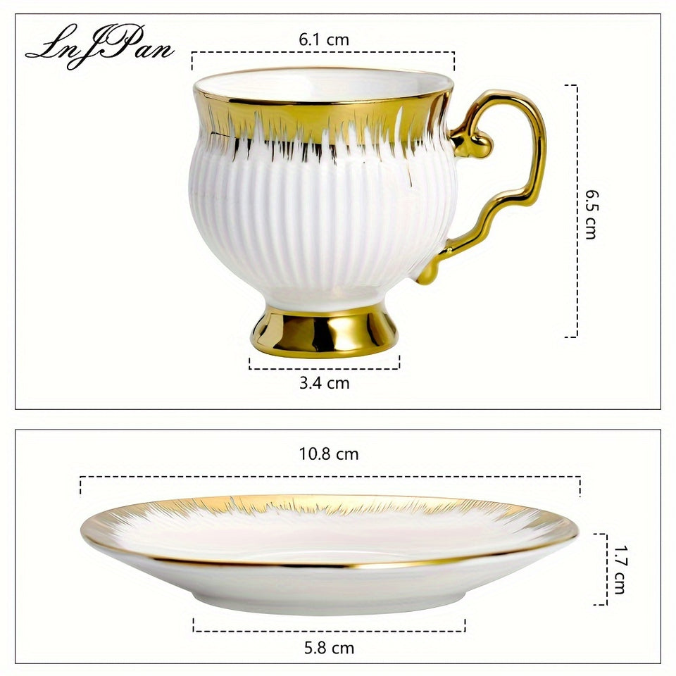 Middle East Style Ceramic Coffee Mug and Saucer Sets for Afternoon Coffee Time in Golden Design Set of 6, 3.38oz