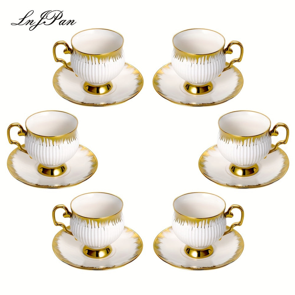 Middle East Style Ceramic Coffee Mug and Saucer Sets for Afternoon Coffee Time in Golden Design Set of 6, 3.38oz