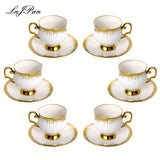 Middle East Style Ceramic Coffee Mug and Saucer Sets for Afternoon Coffee Time in Golden Design Set of 6, 3.38oz