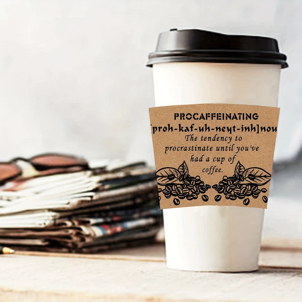 50-Pack Disposable Kraft Paper Coffee Cup Sleeves - Insulating Ripple Wrap Jackets for Hot or Cold Drinks, Fits 12-20 oz Cups - Printed Designs for Hand Protection