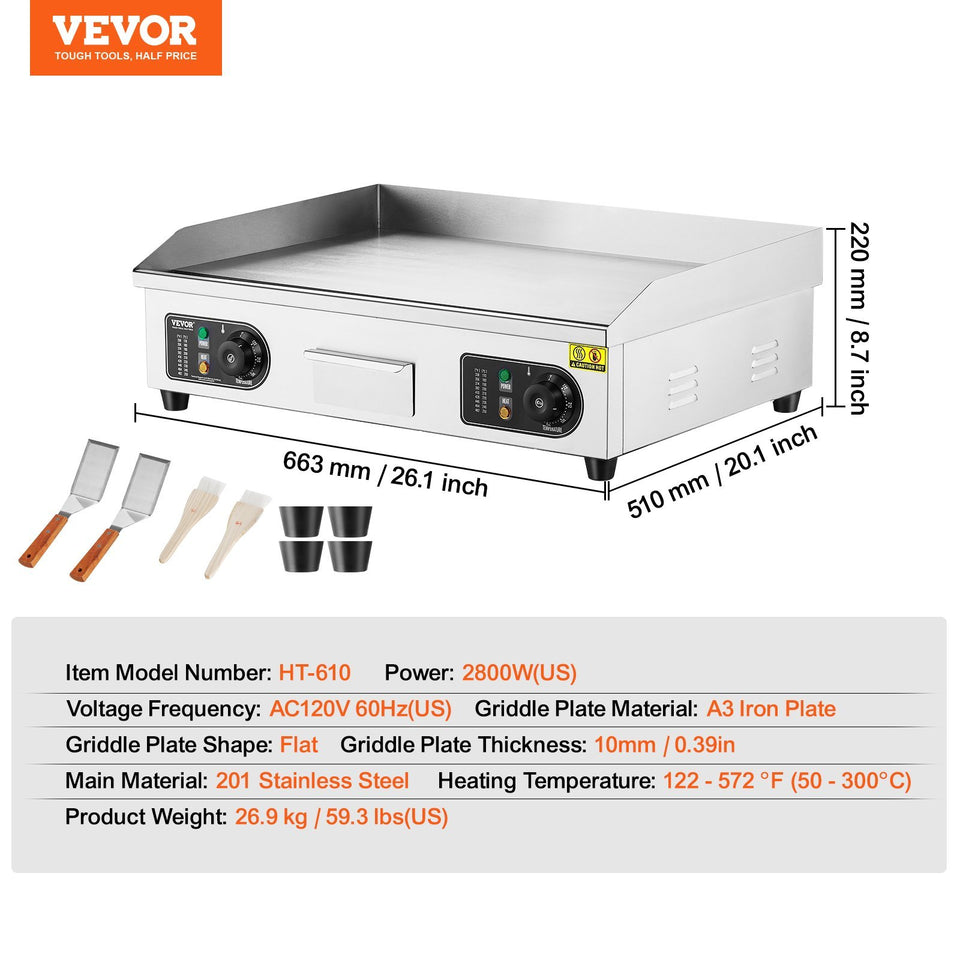 VEVOR Commercial Electric Griddle, 2800W Countertop Flat Top Grill,  25.98 X 15.75 X 0.39in Stainless Steel Griddle Grill With 2 Shovels And 2 Brushes For Home Or Restaurant