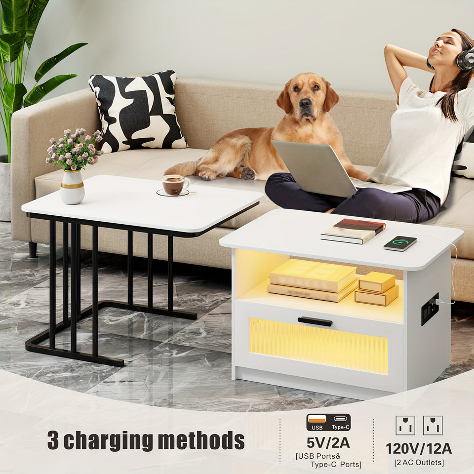 Modern Square LED Coffee Table with Storage - Auto Sensor 3 Colors Lights, Charging Station, Low Profile, White Finish - Perfect for Living Room, Center Table, Coffee Bar Table