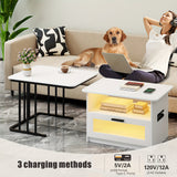 Modern Square LED Coffee Table with Storage - Auto Sensor 3 Colors Lights, Charging Station, Low Profile, White Finish - Perfect for Living Room, Center Table, Coffee Bar Table