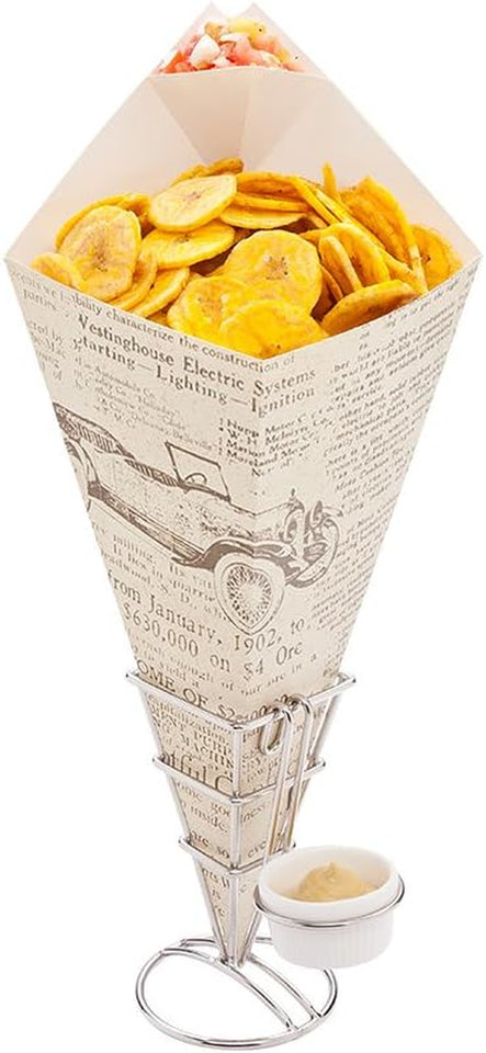 Cone Tek 15 Inch French Fry Cones 100 Recyclable Food Cones - Built-In Sauce Cup Grease-Resistant Lining White Paper Snack Cones for Appetizers and Charcuterie