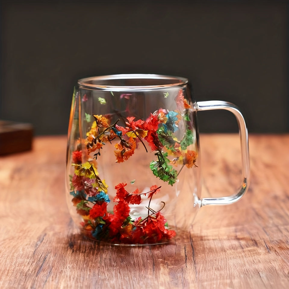 1 Double-Walled Glass Coffee Mug with Real Flower Design - Durable, Aesthetic Cup for Hot & Cold Beverages, Perfect for Home or Office Use