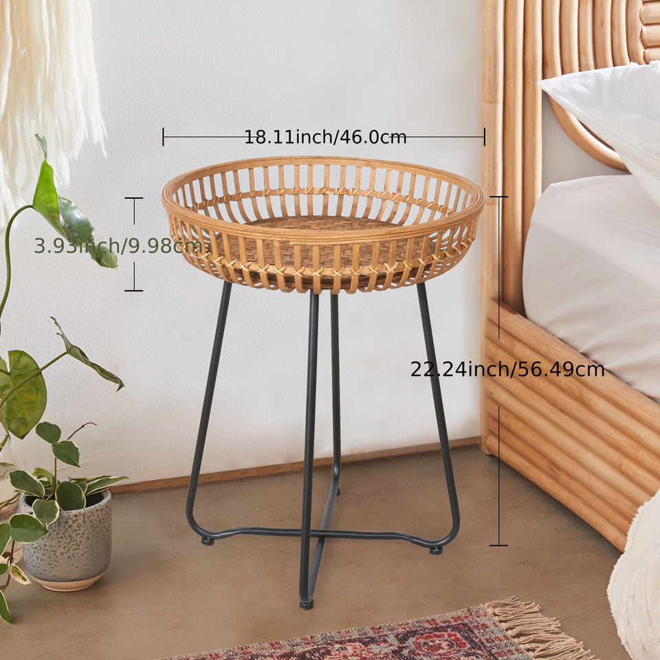 Oakrian Rattan Side Table Nesting Tables Set Of 2, Bamboo Round Table Coffee Table Metal Base End Table for Boho Living Room, Sofa, Bedroom, Terrace, Accent Table(20.47inch)
