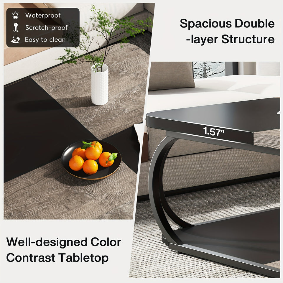 39 Inch Large Wood Coffee Table With Open Storage Shelf, 2 Tier Square Low Farmhouse Tea Table For Living Room And Home Office With Metal Frame