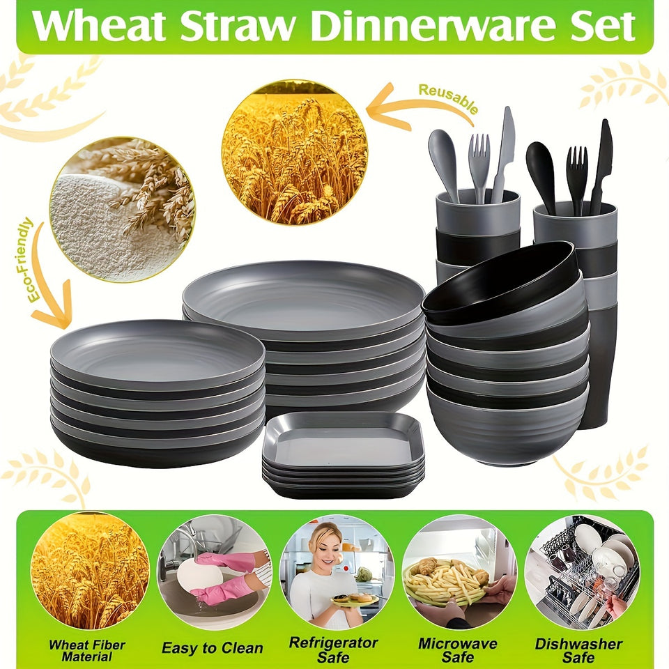 64pcs Sustainable Wheat Straw Dinnerware Set - Unbreakable, Reusable Tableware with Plates, Bowls, Mugs & Cutlery for Home and Restaurant Use
