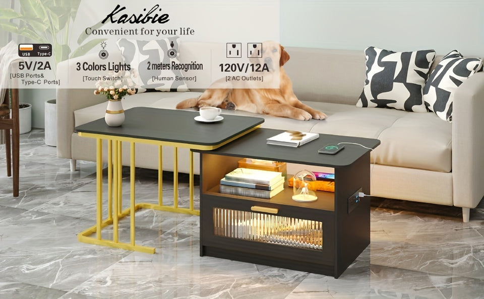 Modern Square LED Coffee Table with Storage - Auto Sensor 3 Colors Lights, Charging Station, Low Profile, White Finish - Perfect for Living Room, Center Table, Coffee Bar Table